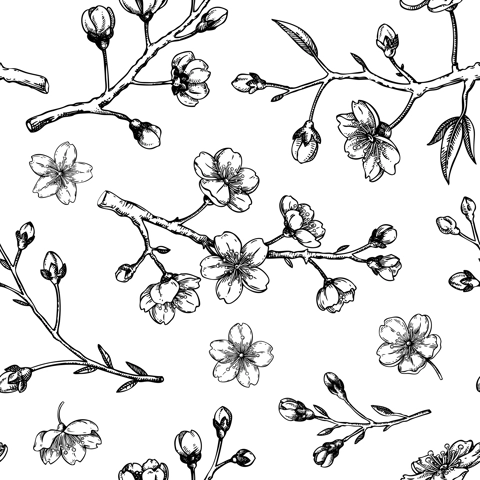 Sakura pattern. Cherry blossom tree background. Blooming flower sketches. Floral seamless design. Hand-drawn vector illustration. NOT AI genereted